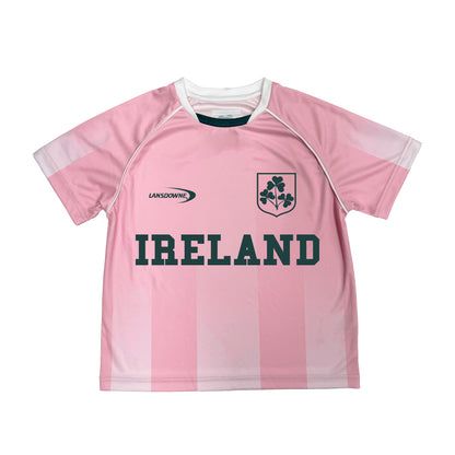 Front view of pink Ireland kids performance top with bold IRELAND lettering and crest on chest