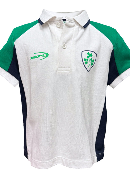 Lansdowne Ireland kids polo shirt white with green sleeves and crest on the chest.