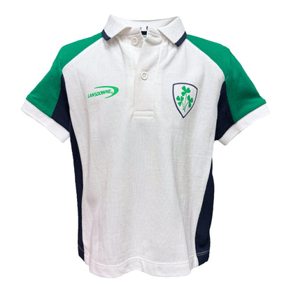 Lansdowne Ireland kids polo shirt white with green sleeves and crest on the chest.
