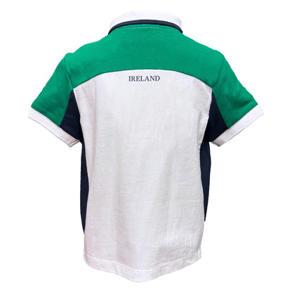 Back view of Ireland kids polo shirt with green shoulders and IRELAND text across the upper back.