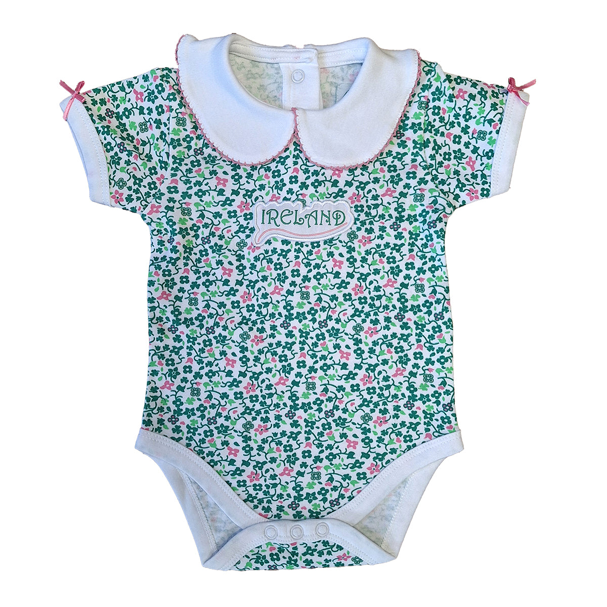 Shamrock floral baby vest with white scalloped collar and pink trim Ireland embroidery on chest