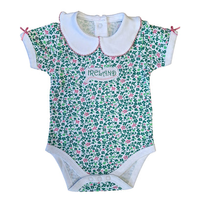 Shamrock floral baby vest with white scalloped collar and pink trim Ireland embroidery on chest
