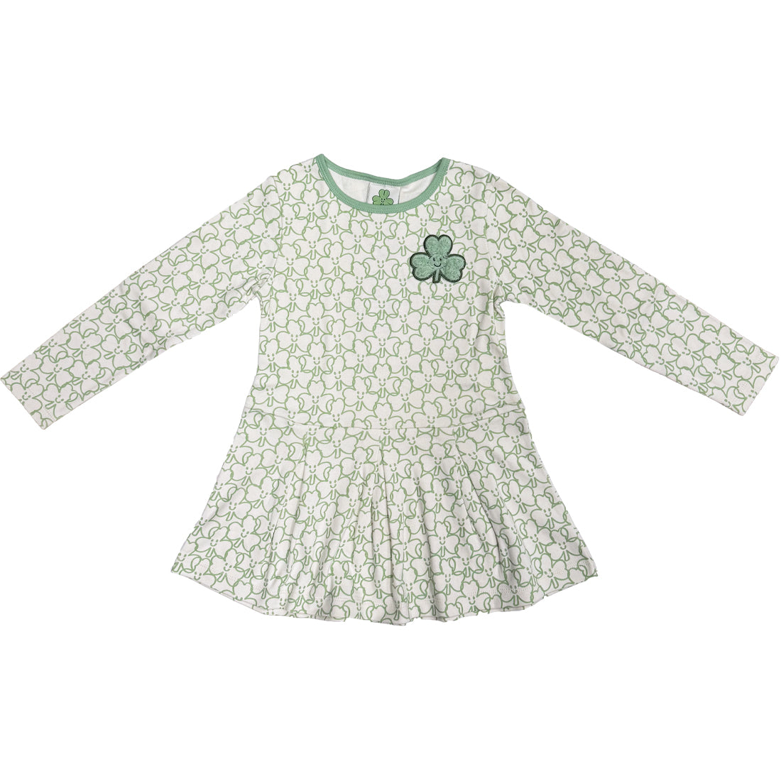 White and green long sleeve kids dress with all over shamrock print and a green shamrock applique on the chest