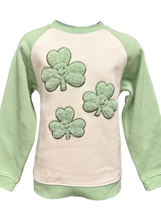 Cream and green kids sweatshirt with three shamrock appliques on the front and green sleeves