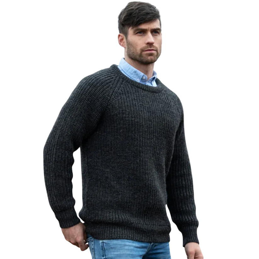 Men's Fisherman Ribbed Aran Charcoal Sweater