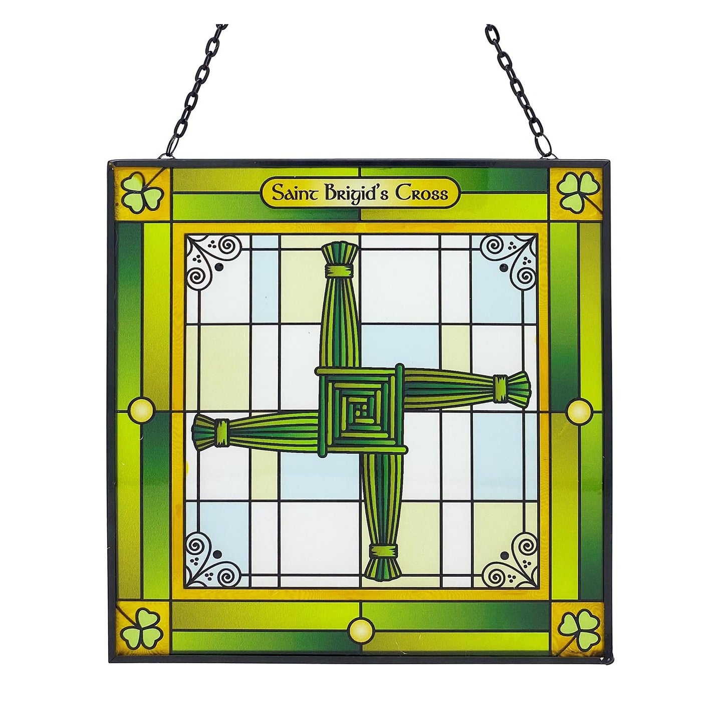 St Brigid's Cross stained glass plaque featuring a central cross in green tones with decorative border and hanging chains.