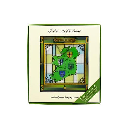 Square stained glass plaque showing a map of Ireland with provincial coats of arms and a green yellow border.