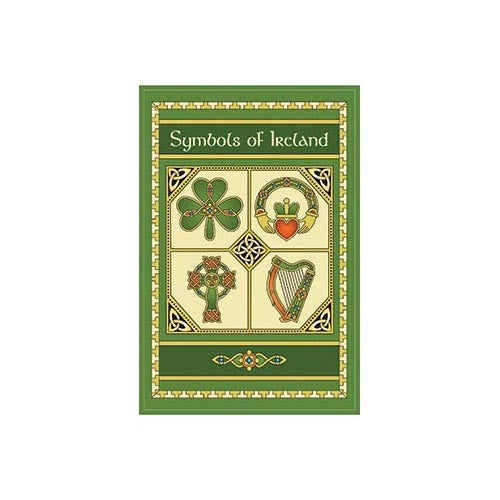 Decorative Symbols of Ireland card showing four quadrant icons on a green and gold border