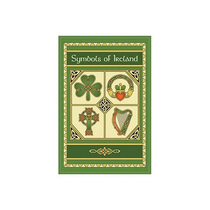 Decorative Symbols of Ireland card showing four quadrant icons on a green and gold border