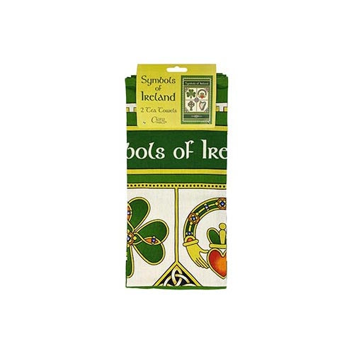 Packaged Symbols of Ireland two tea towels set with green and gold design and a promotional label