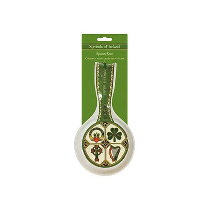 Symbols of Ireland spoon rest in retail packaging with a green card background