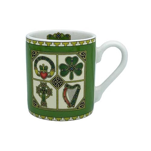 Green Symbols of Ireland 3oz espresso mug with white handle and four panel symbols including heart, shamrock, cross and harp.