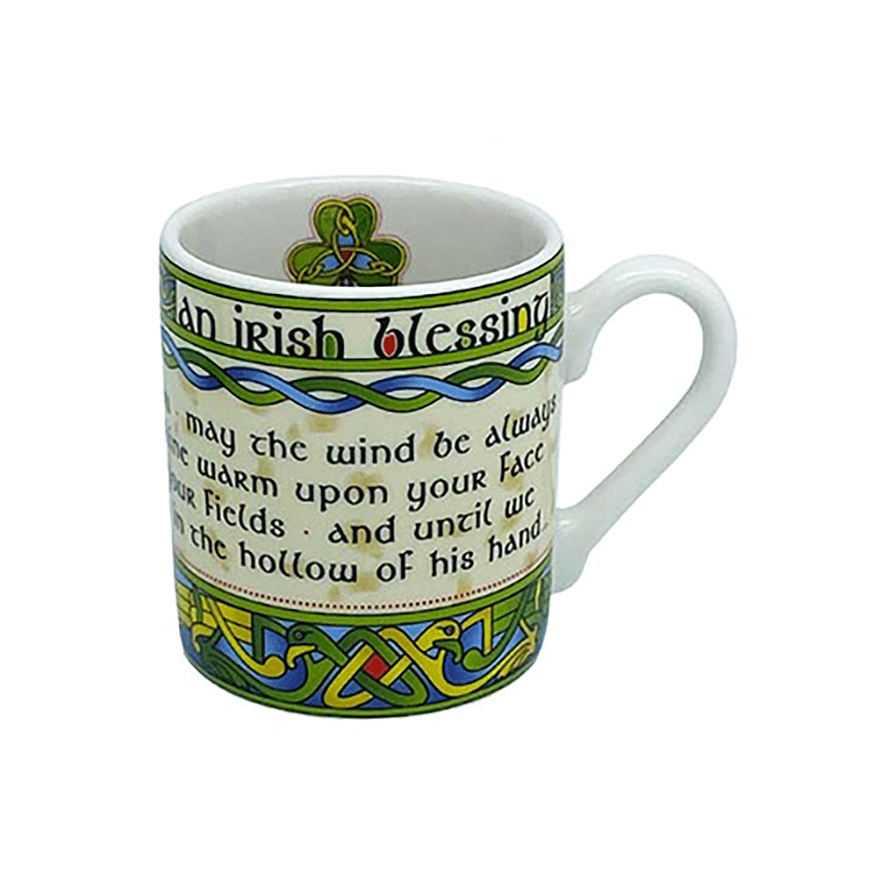 Irish Blessing 3oz espresso mug with green Celtic knot trim and printed verse.
