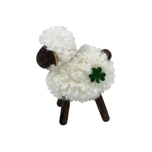 Woolly Woods standing sheep ornament with fluffy white fleece and wooden legs.