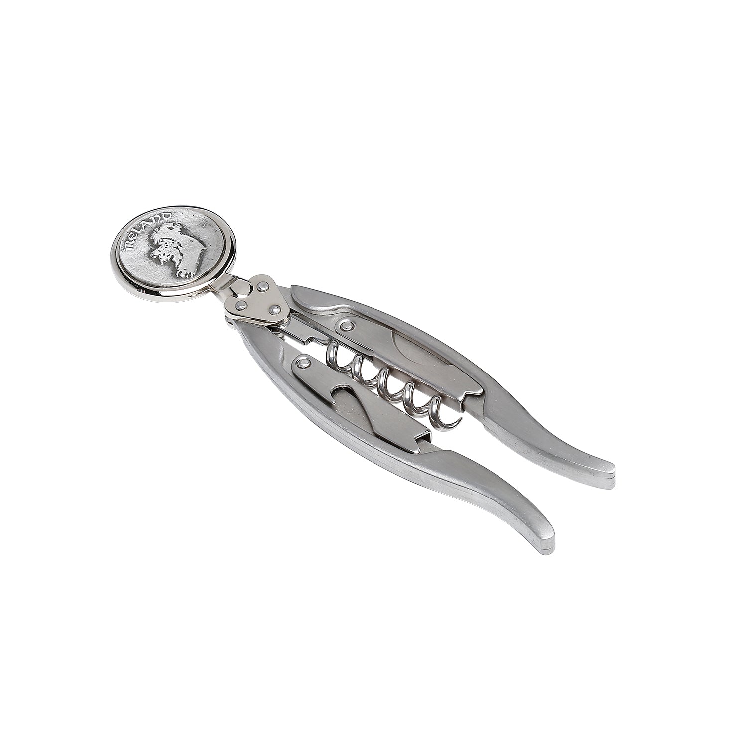 Ireland corkscrew with round engraved top and folding arms