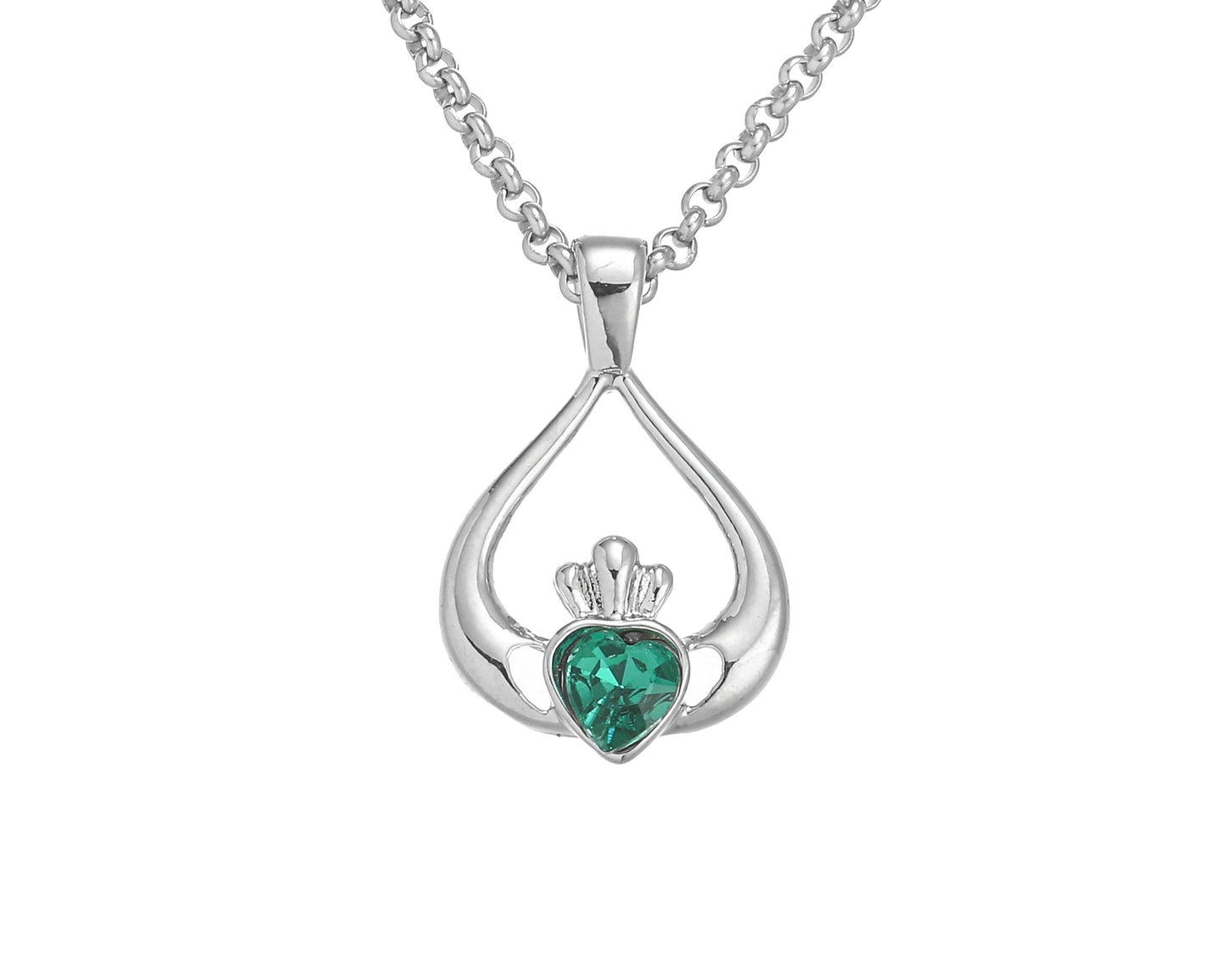 Silver Plated Curved Claddagh Design Green Stone Pendant