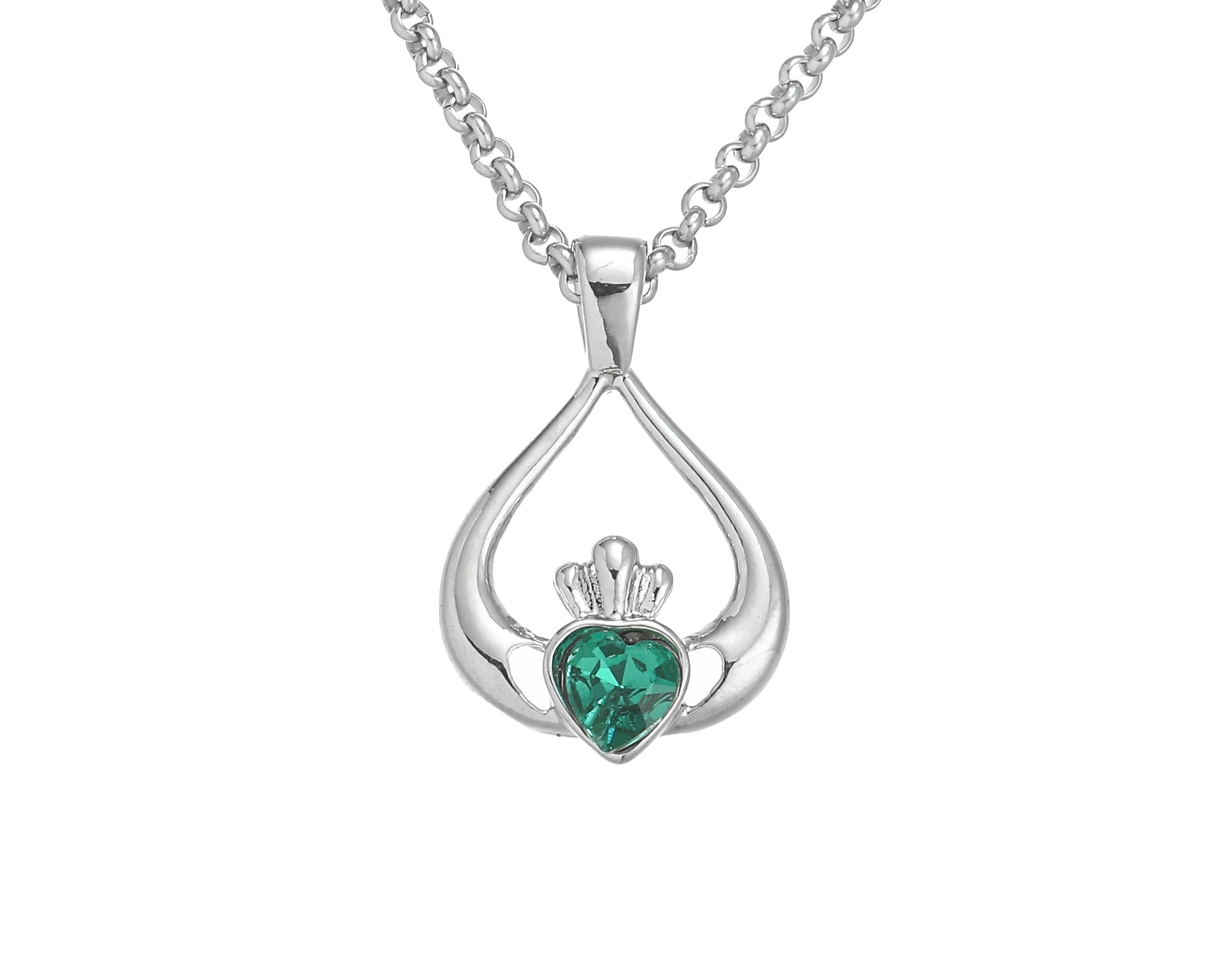 Silver Plated Curved Claddagh Design Green Stone Pendant