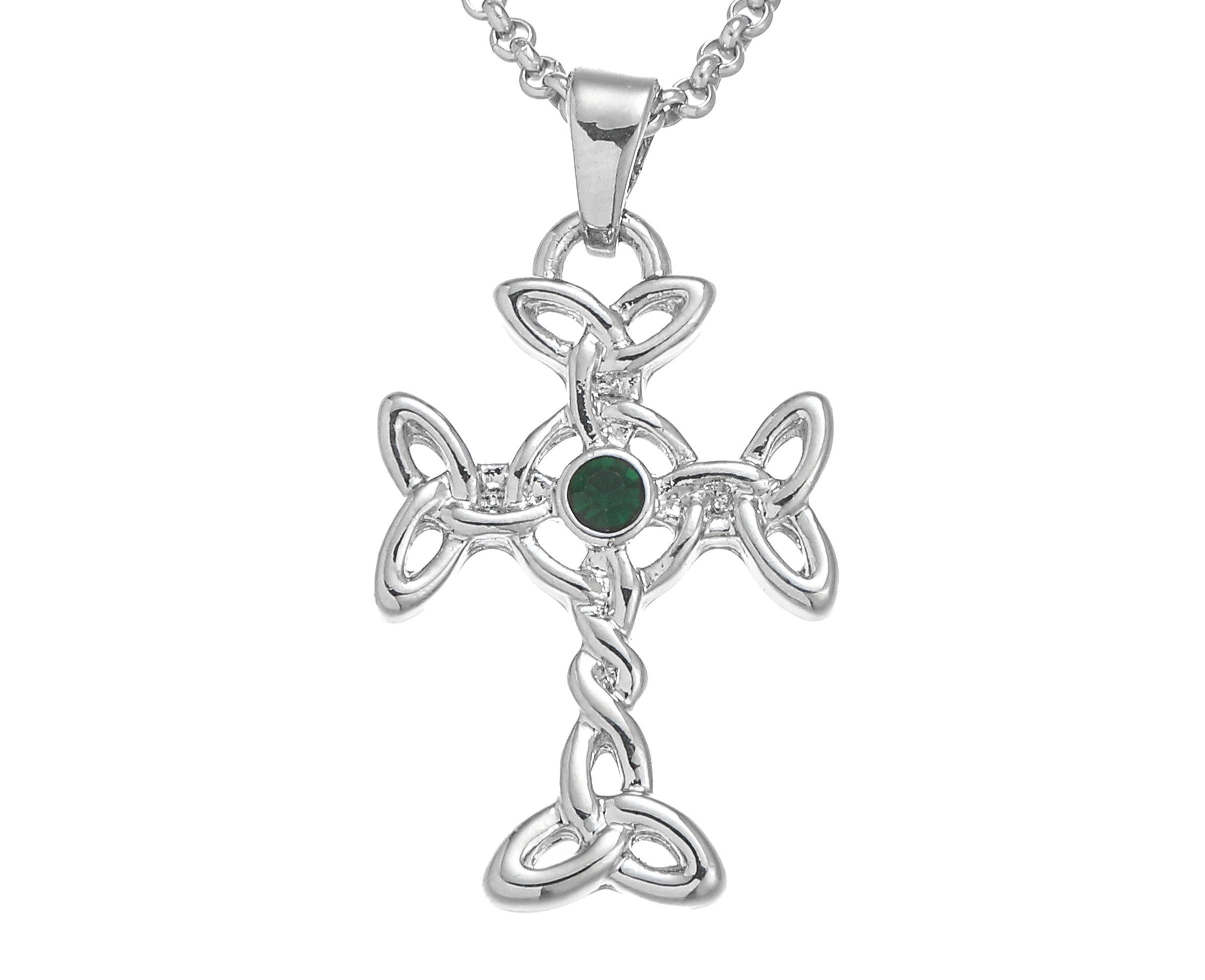 Silver Plated Celtic Cross with Green Stone Pendant