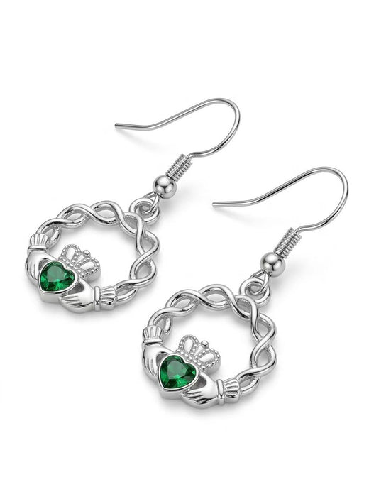 Silver Claddagh earrings with green heart gems on fishhook ear wires and twisted hoop frames