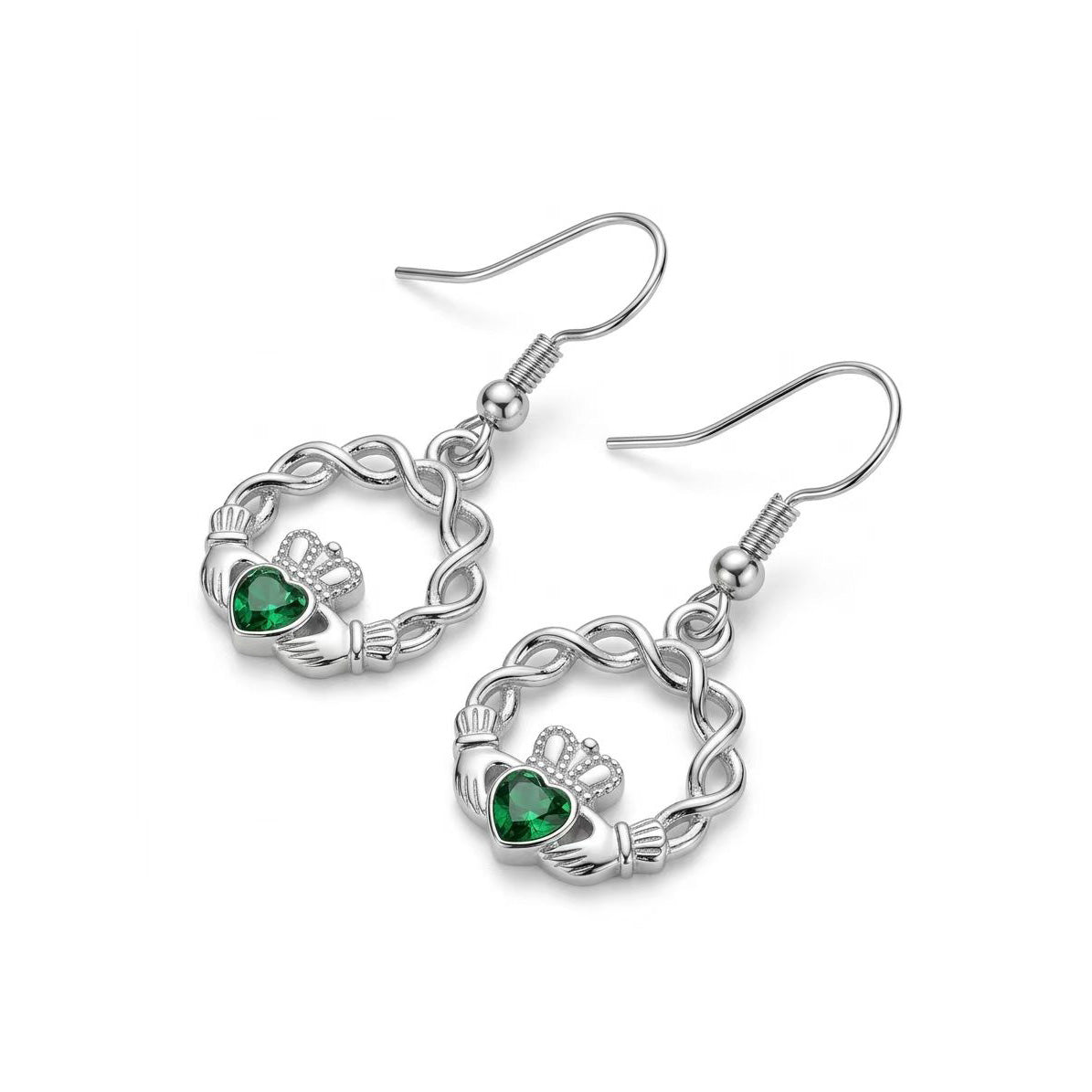 Silver Claddagh earrings with green heart gems on fishhook ear wires and twisted hoop frames