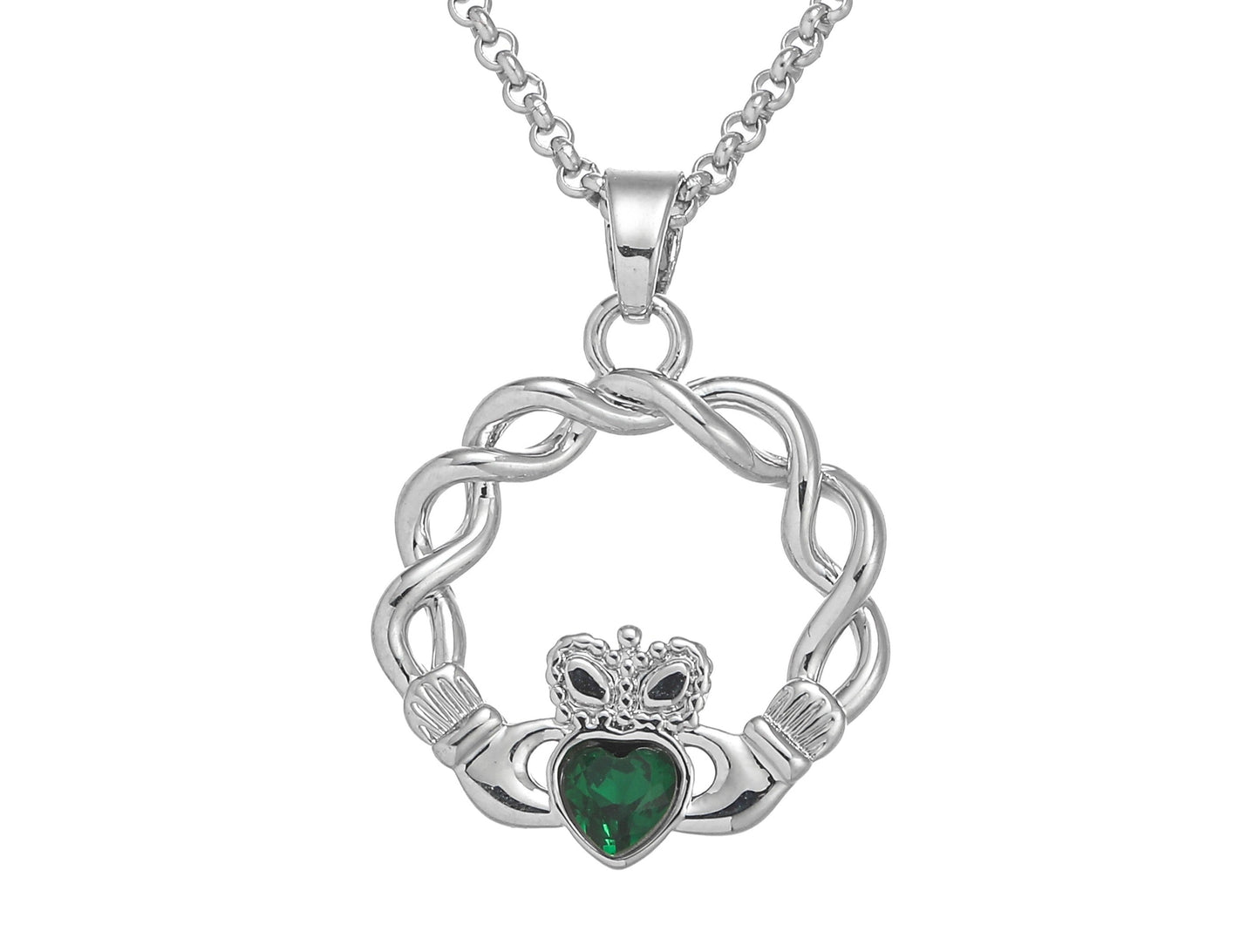 Silver Plated Twisted Claddagh Design Green Stone Pendant