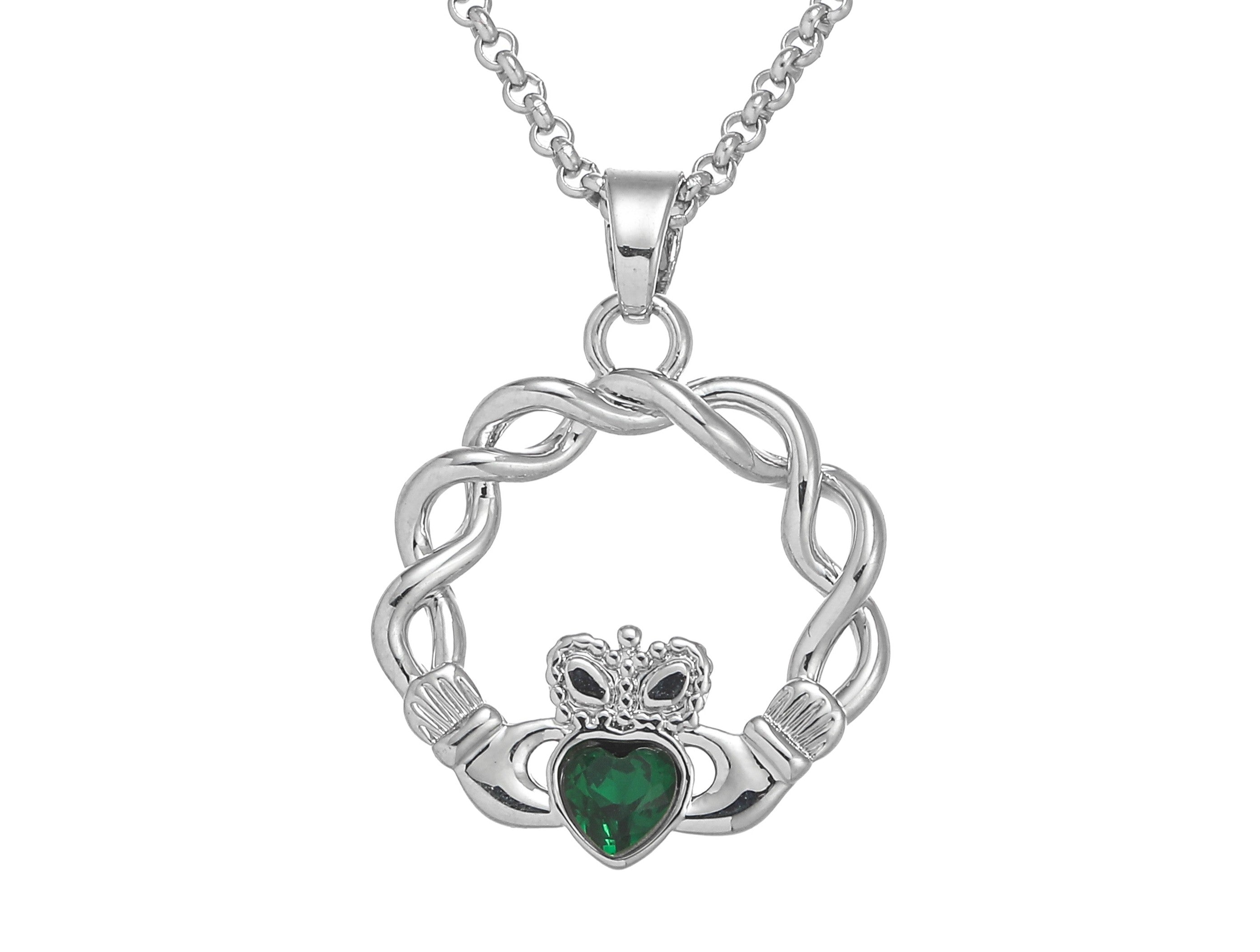 Silver Plated Twisted Claddagh Design Green Stone Pendant