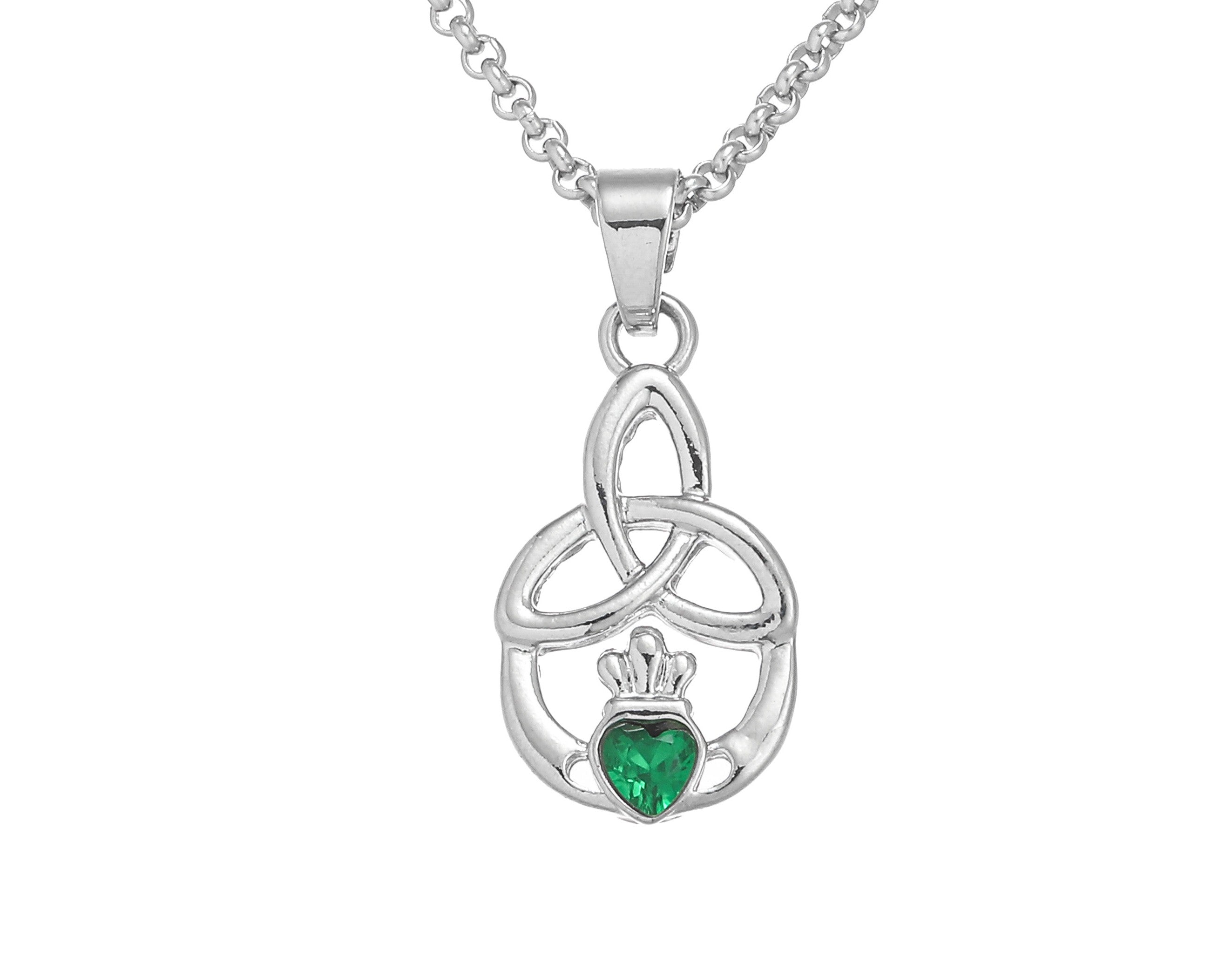 Trinity Knot and Claddagh Design Green Stone Pendant