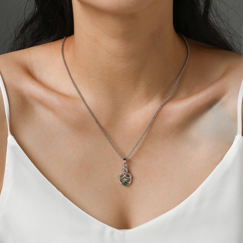 Trinity Knot and Claddagh Design Green Stone Pendant 