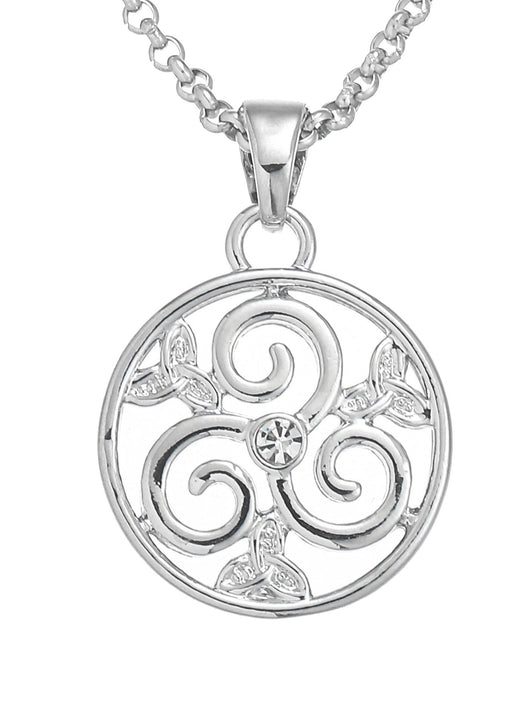 Circular silver pendant with swirling Triskele motifs and a central clear stone on a chain