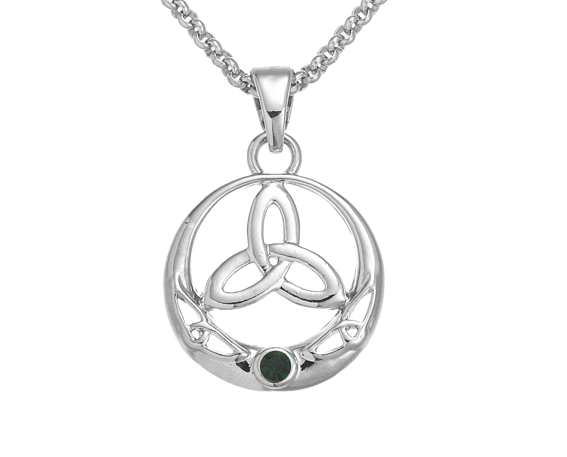 Trinity Knot In Circle Design Green Stone Pendant