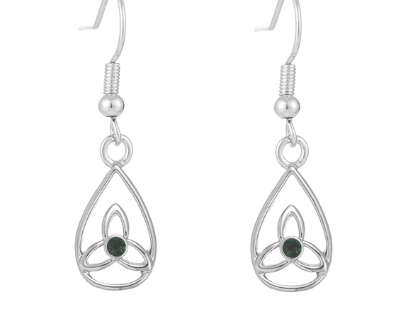 Trinity Knot In Teardrop Design Green Stone Earrings