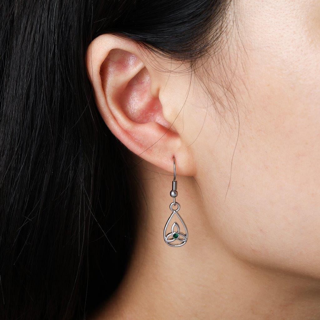 Trinity Knot In Teardrop Design Green Stone Earrings 