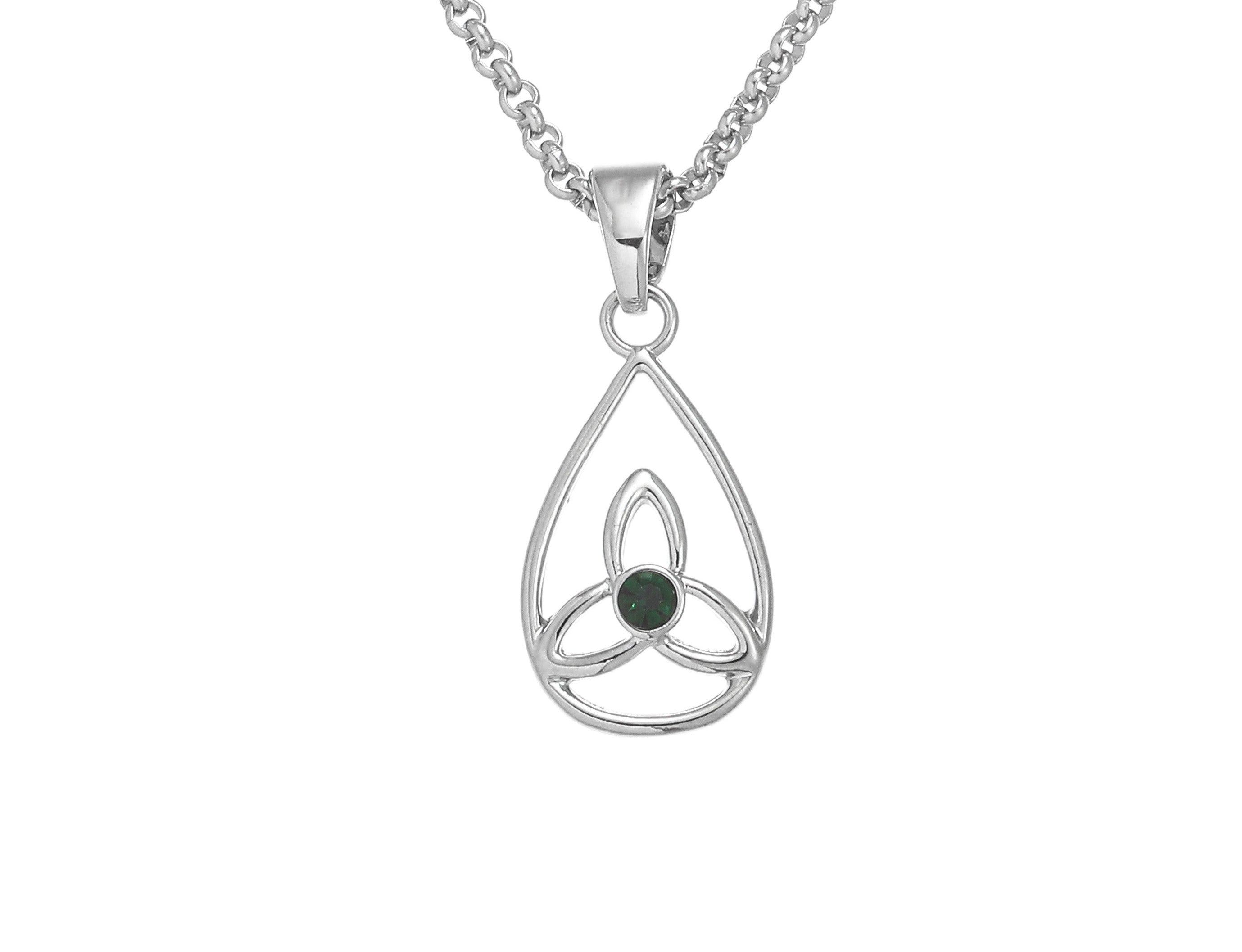Trinity Knot In Teardrop Design Green Stone Pendant