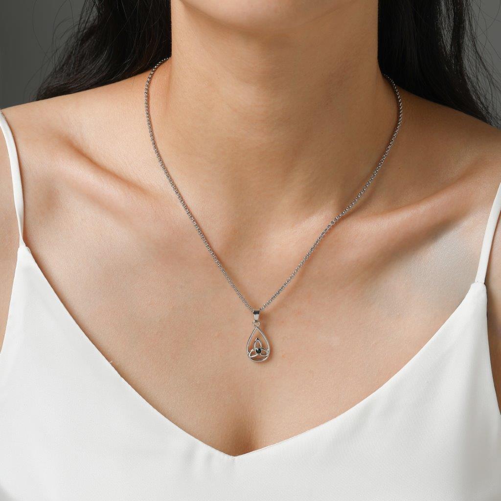 Trinity Knot In Teardrop Design Green Stone Pendant 