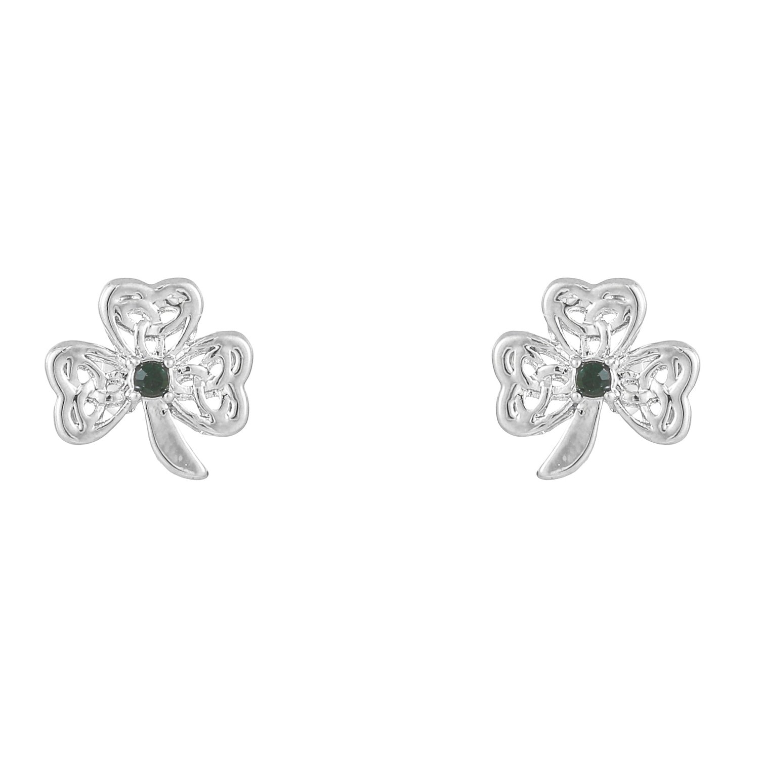 Silver Plated Shamrock Designed Trinity Green Stone Earrings