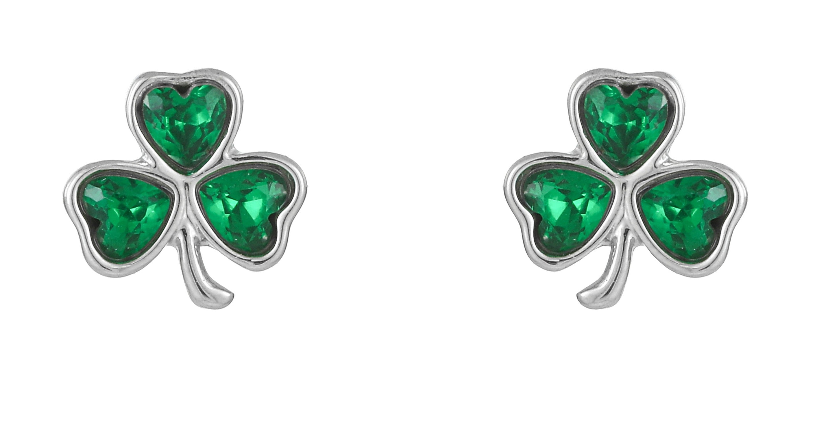 Silver Plated Shamrock Design 3 Green Stone Earrings