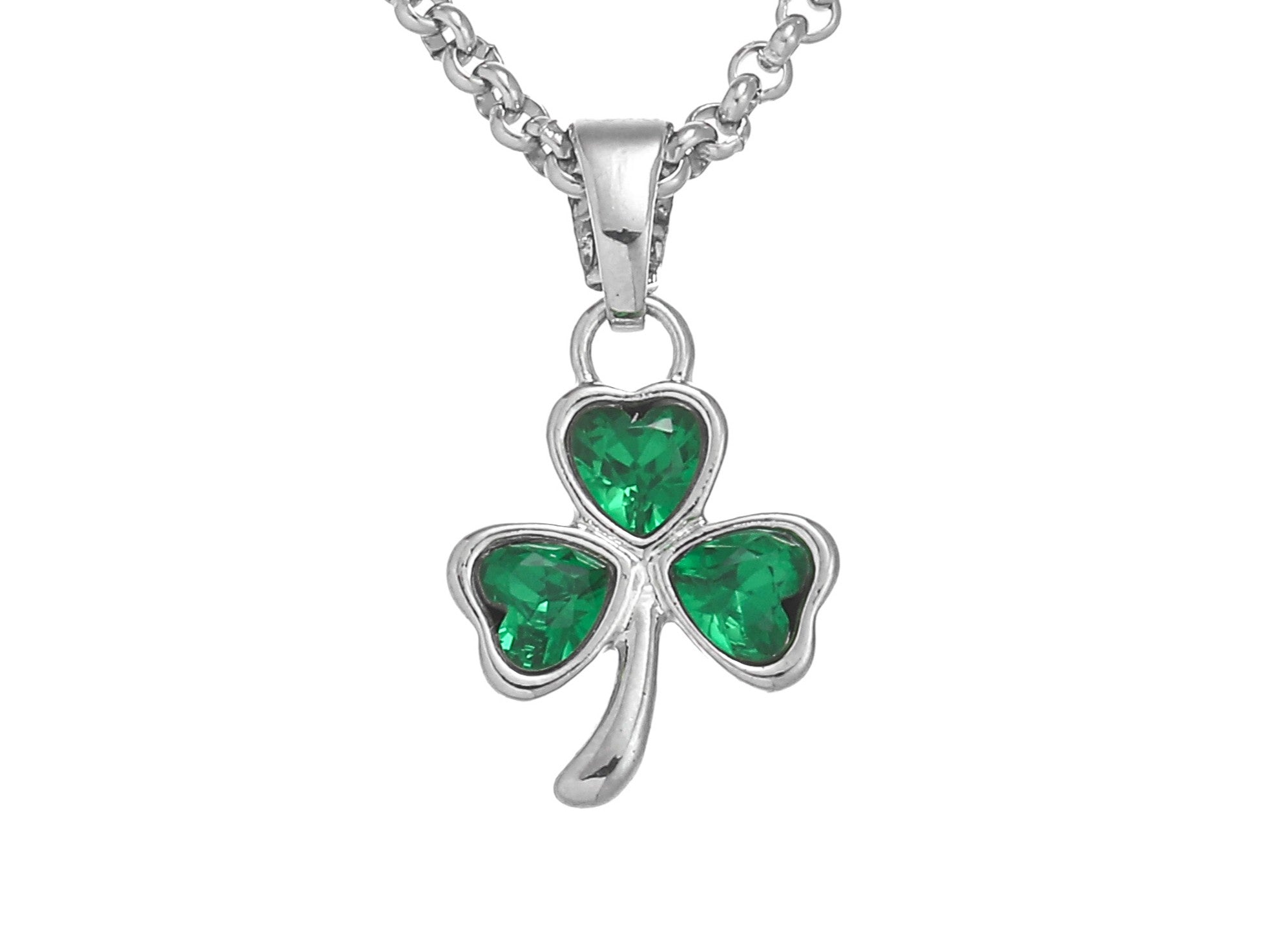 Silver Plated Shamrock Design 3 Green Stone Pendant
