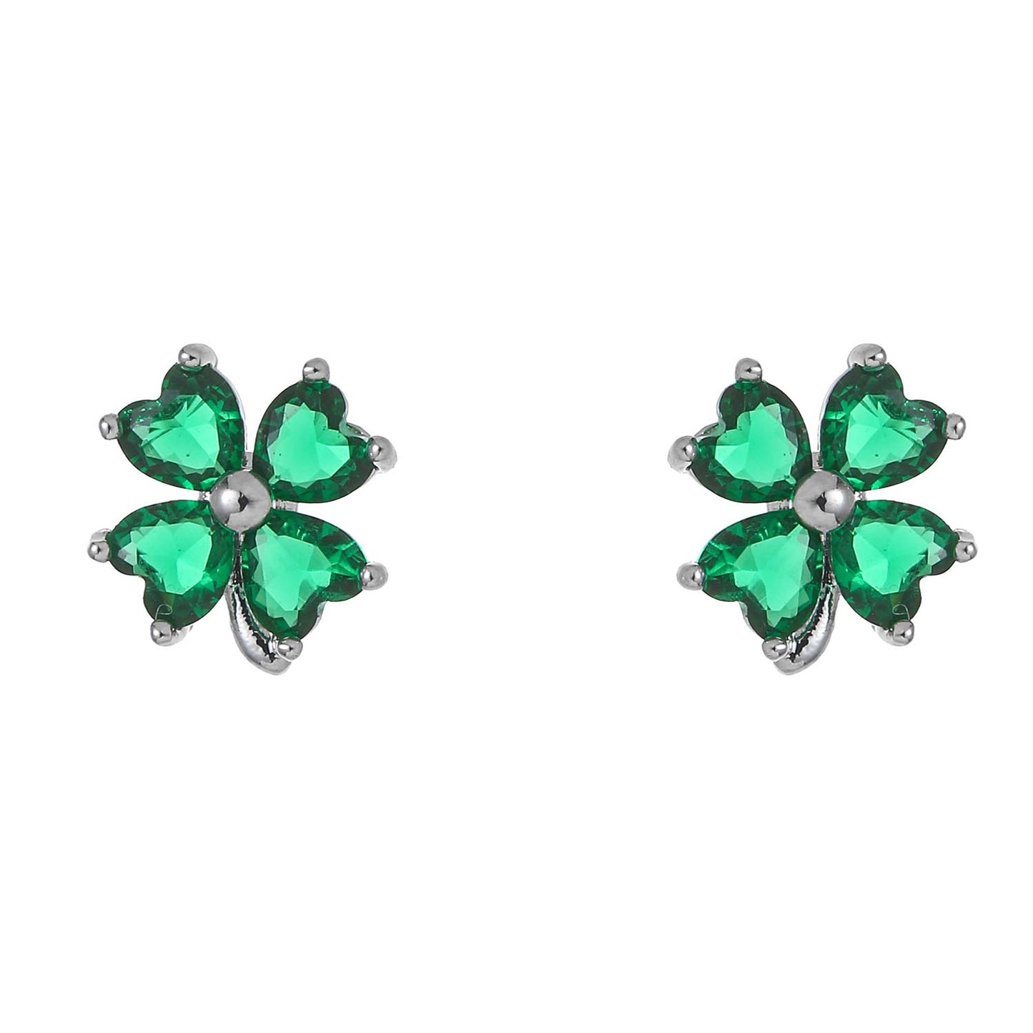 Pair of silver plated shamrock earrings with four green heart shaped stones