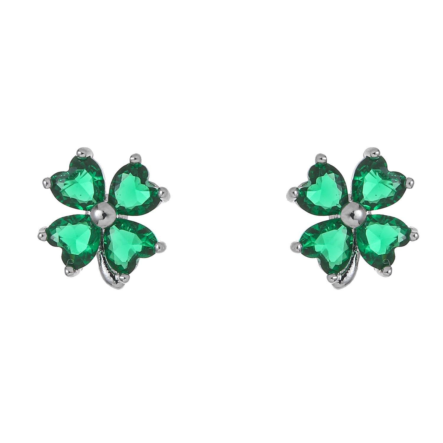 Pair of silver plated shamrock earrings with four green heart shaped stones