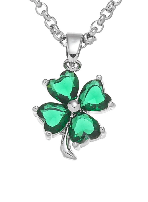 Silver plated shamrock pendant with four green stones on a chain