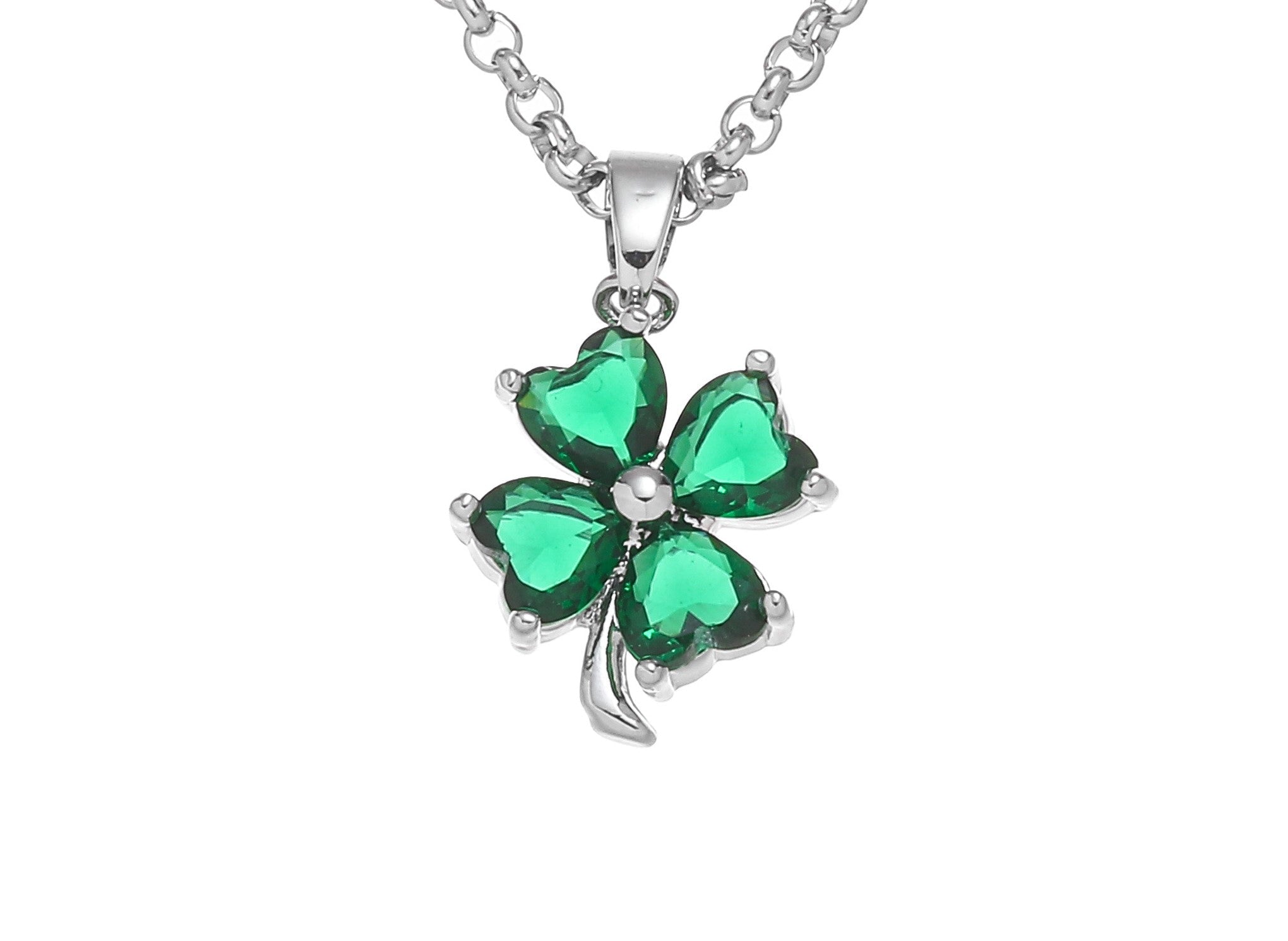 Silver Plated Shamrock Clover Design Green Stone Pendant
