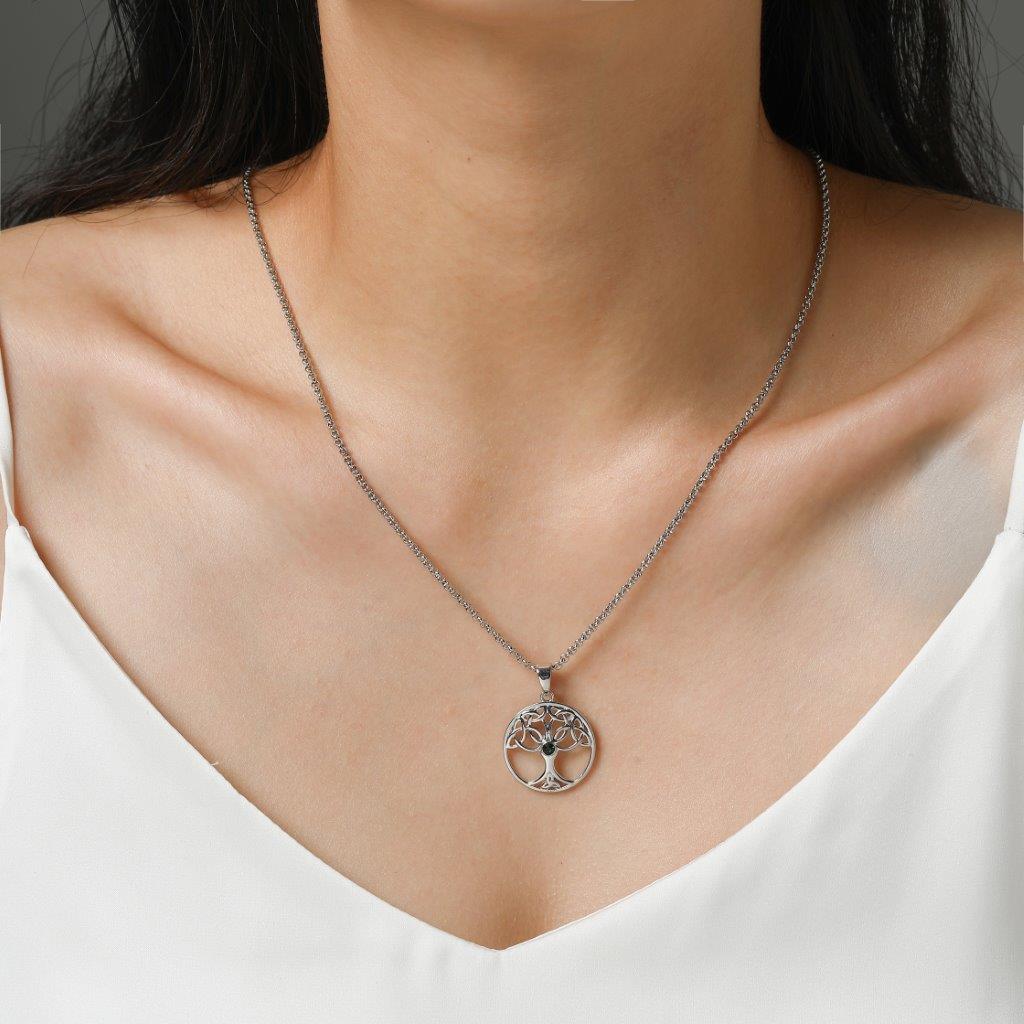 Silver Plated Tree In Circle Green Stone Pendant 