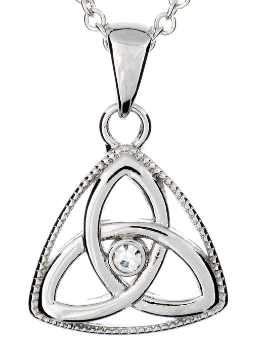 Silver pendant featuring a Trinity knot enclosed in a triangular frame with beaded edge and a central clear stone