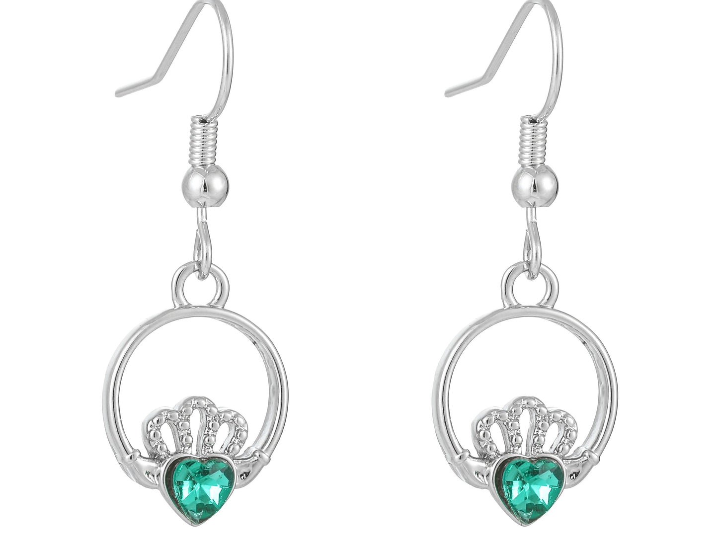 Silver Plated Claddagh Round Design Green Stone Earrings