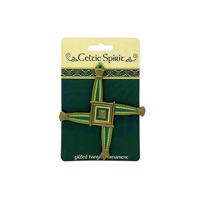 St Brigid Celtic Spirit Ornament cross on a light card backing for display.