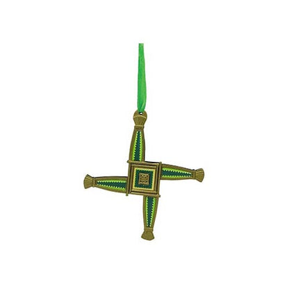 St Brigid Celtic Spirit Ornament green and gold cross pendant with hanging ribbon.