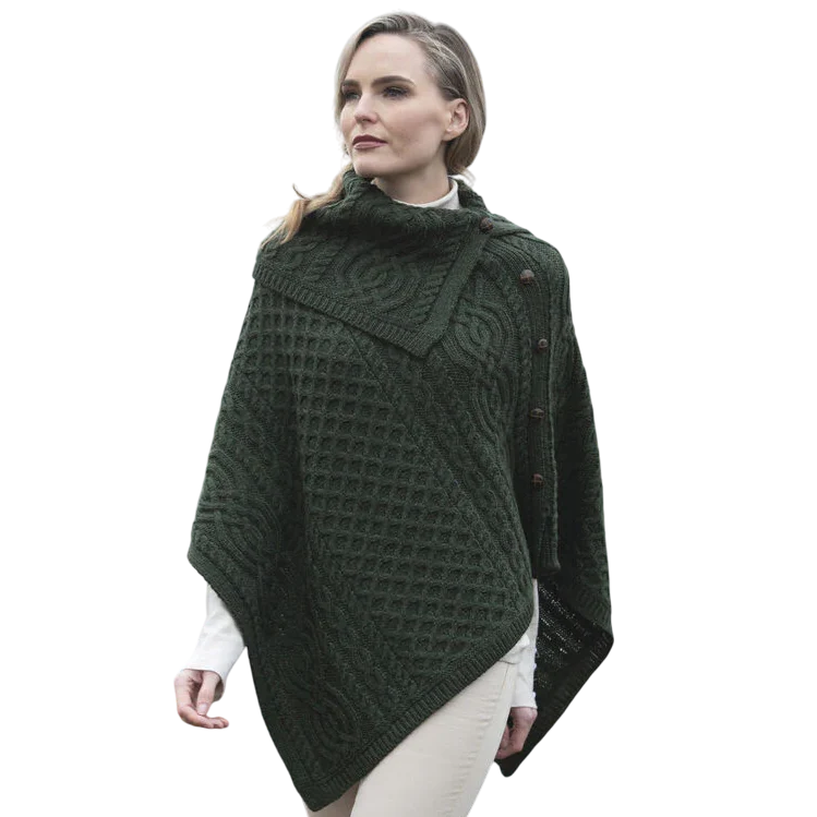 Ladies Traditional Buttoned Cowl Neck Green Poncho