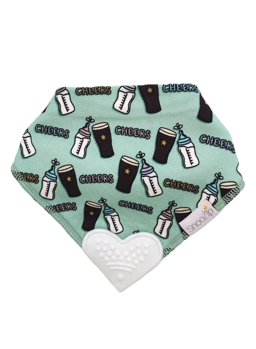 Teal Cheers Teething Bib with cups and bottles pattern and a white heart shaped teether at the bottom corner