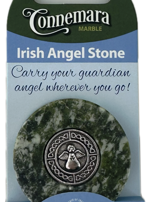 Connemara marble Irish Angel Stone with silver angel charm on a green marbled disk in packaging