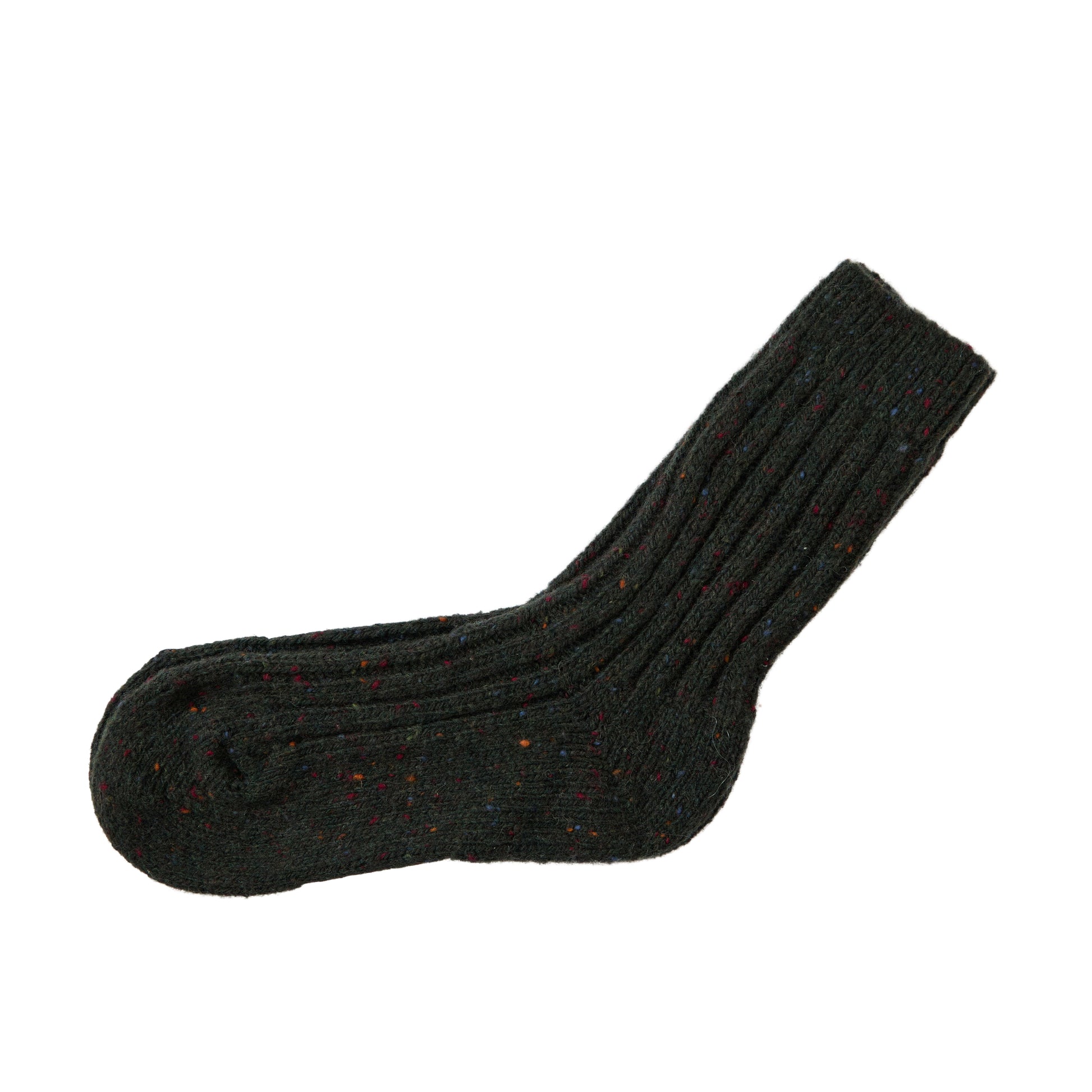 Flecked Green Acre Socks in dark knit with multicolor specks and label around the middle
